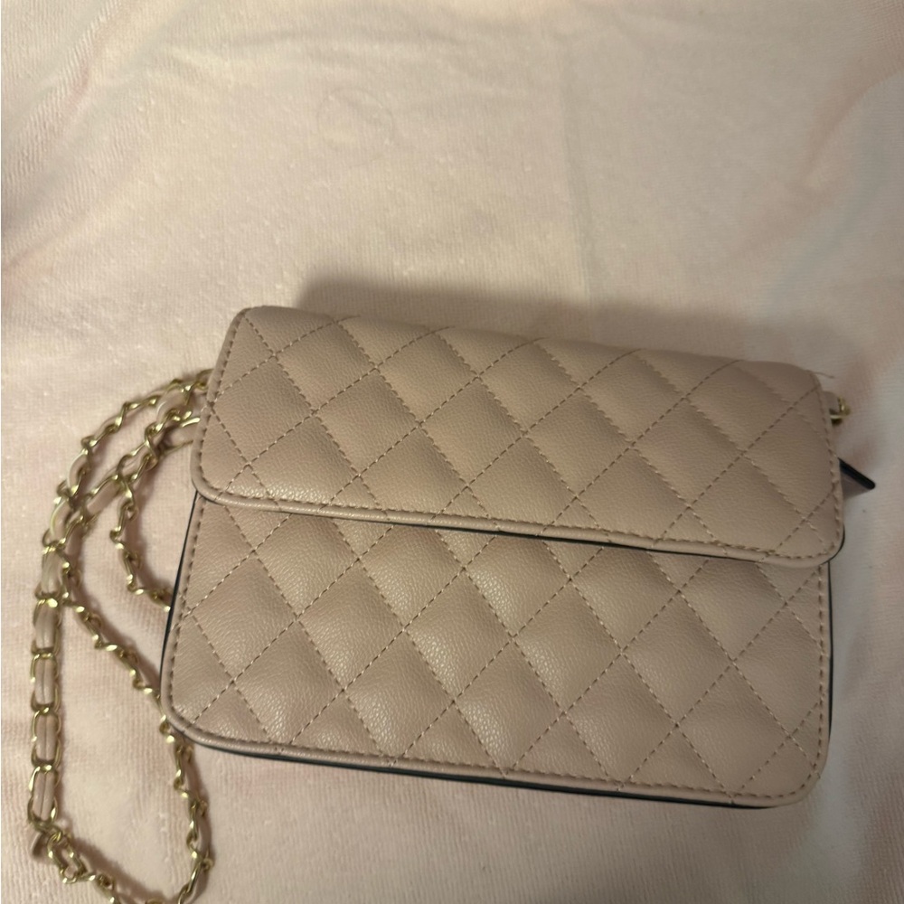 Quilted Crossbody Bag with Gold Chain in Taupe